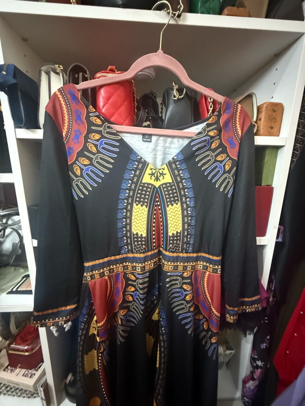 SHEIN Black Maxi Dress with Red, Blue and Yellow Ethnic Print